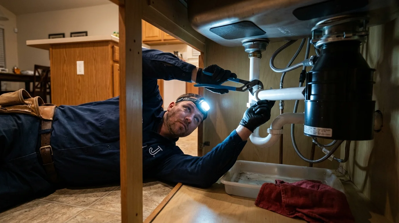 P-trap and supply line connections under a kitchen sink showing a common leak point in Temple, GA